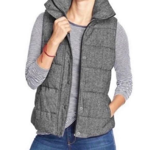 Old Navy Gray Tweed Puffer Vest Women’s Large Zip Up Outdoor Gorpcore Layering - Picture 1 of 10